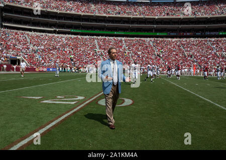 Nick Saban, who is the Alabama team coach, gives interviews and watches all the plays during this important spring scrimmage at University of Alabama, Tuscaloosa, Alabama Stock Photo