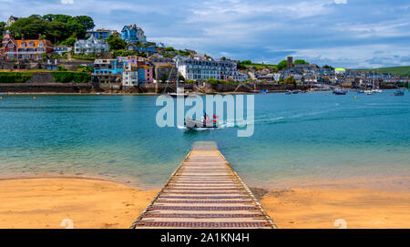 The Salcombe to East Portlemouth passenger ferryboat just arriving at the slipway over the beach at East Portlemouth in South Devon. Stock Photo