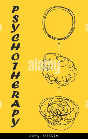 Tangle tangled and untangled. Abstract metaphor, concept of solving problems in Psychotherapy Stock Vector