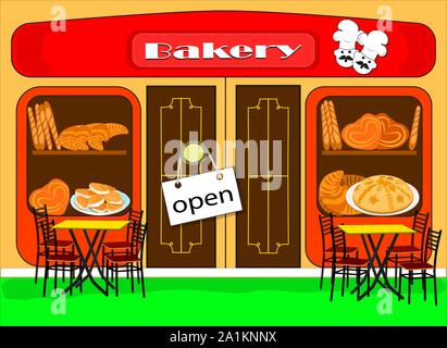 Flat drawing of a Baker's showcase. Small business bakeries. Cafe with a sign open . Vector Stock Vector