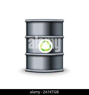 Metal barrel with recycling symbol, concept of alternative energy Stock Vector
