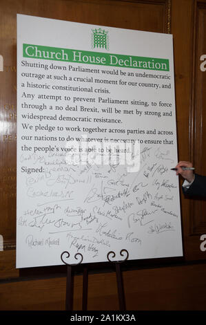 Cross Party leaders and MP’s sign the Church House Declaration, in an attempt to stop the shutting of Parliament, and to stop a no deal Brexit going through. Church House, London. 27.08.19 Featuring: View Where: London, United Kingdom When: 27 Aug 2019 Credit: WENN.com Stock Photo