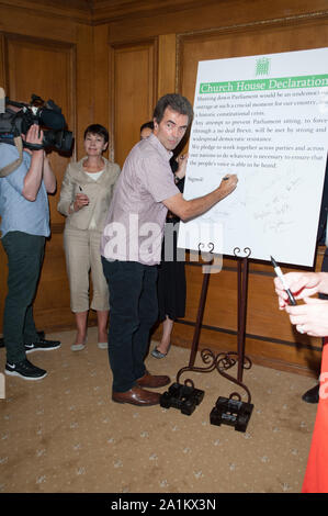 Cross Party leaders and MP’s sign the Church House Declaration, in an attempt to stop the shutting of Parliament, and to stop a no deal Brexit going through. Church House, London. 27.08.19 Featuring: View Where: London, United Kingdom When: 27 Aug 2019 Credit: WENN.com Stock Photo