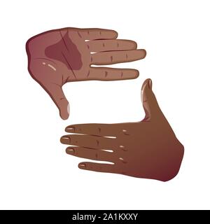 Black Hands Frame Cropping Gesture. Flat Framing hands horizontal cropping. African American Hands taking focus frame shooting like mobile camera. Vector Color concept Isolated on white background. Stock Vector
