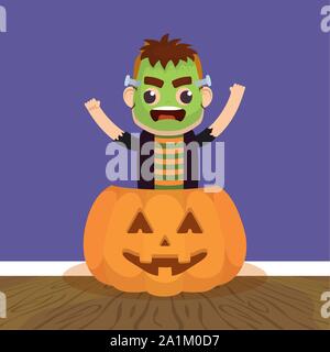 little boy with frankenstein disguise in pumpkin Stock Vector