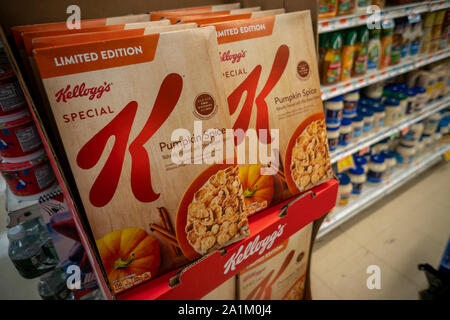 Boxes of KelloggÕs brand pumpkin spice flavored limited edition Special K breakfast cereal in a supermarket in New York on Tuesday, September 24, 2019.  (© Richard B. Levine) Stock Photo