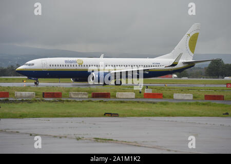 Glasgow, UK. 27th Sep, 2019. Following the immediate fallout from the collapsed tour company Thomas Cook, Operation Matterhorn is still in full flight at Glasgow Airport. Miami Air Boeing 737-800 aircraft seen taking stranded passengers back from Spain and mainland Europe. Note: This aircraft was also used previously by the United States Government for transporting prisoners to and from the infamous Guantanamo Bay. Credit: Colin Fisher/Alamy Live News Credit: Colin Fisher/Alamy Live News Stock Photo