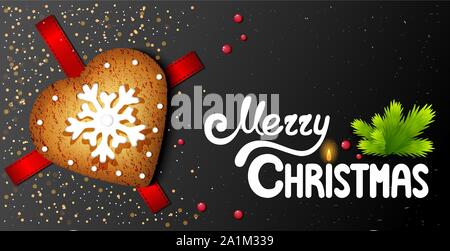 Horizontal postcard on a black background with in the shape of a heart christmas cookies and hand-written lettering merry christmas text Stock Vector