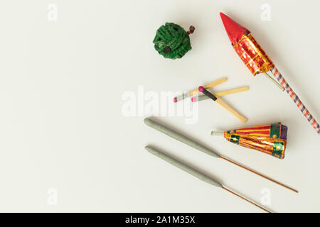 Different types of Diwali Firecrackers on isolated background with copy space. Stock Photo