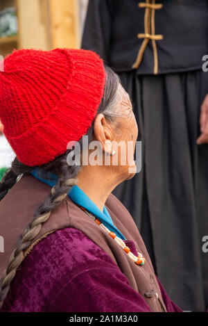 portrait of Ladakhi woman at street in Leh in Ladakh, India Stock Photo