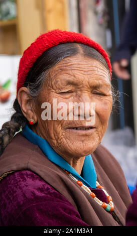 portrait of Ladakhi woman at street in Leh in Ladakh, India Stock Photo