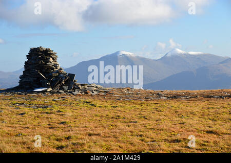 The Munros Ben More and Stob Binnein from the Pile of Stones on the Summit of the Corbett Beinn Udlaidh, Glen Orchy, Scottish Highlands, Scotland, UK. Stock Photo
