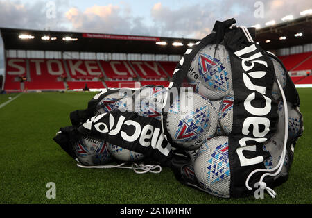 A general view of Mitre match balls during the Sky Bet Championship match at the Bet365 Stadium, Stoke. Stock Photo