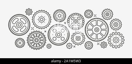 Gears set linear style drawing. Vector illustration Stock Vector
