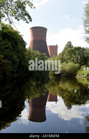 Ironbridge Power Station Cooling Towers reflected in the waters of the River Severn, Shropshire, England, Uk Stock Photo