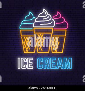 Neon ice cream retro sign on brick wall background. Design for cafe, restaurant. Vector illustration. Neon design for pub or fast food business. Light sign banner. Glass tube. Stock Vector