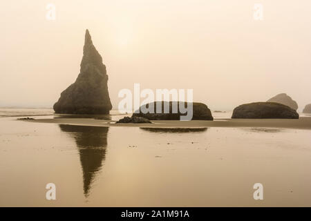 Bandon Beach sea stacks in the late afternoon fog, Bandon, Oregon, USA Stock Photo