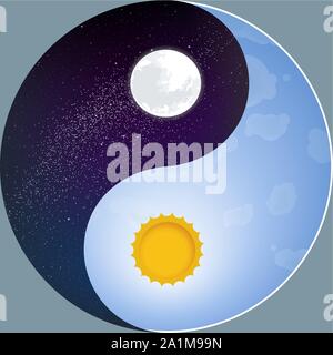 Vector illustration. Nature yin yang with sun and moon. Night and day. Stock Vector