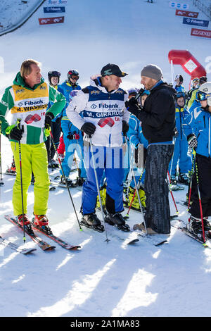 Bansko, Bulgaria - December, 12, 2015: Open new ski season 2015-2016 in Bansko, Bulgaria with Marc Girardelli, Markus Wasmeier Stock Photo