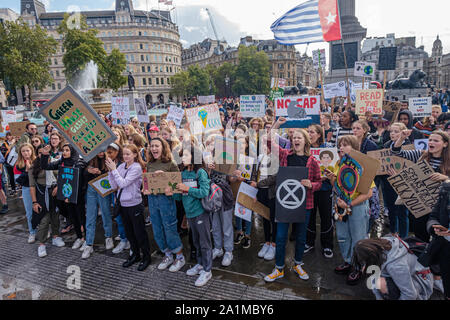 London, UK. 27th September. School students protest in Trafalgar Square and hold a rally at the end of a week of Global Climate actions and the start of a worldwide General Strike for climate justice and against extinction, demanding governments and corporations act now Peter Marshall/Alamy Live News Stock Photo