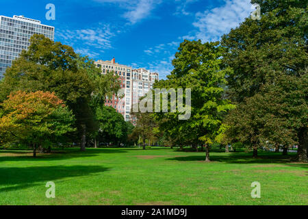 Green Space with Trees and Residential Buildings in Lincoln Park Chicago Stock Photo