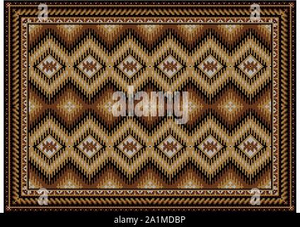 Luxurious colorful ethnic rug with diamond pattern in brown and grey and yellow tones on a white background Stock Vector