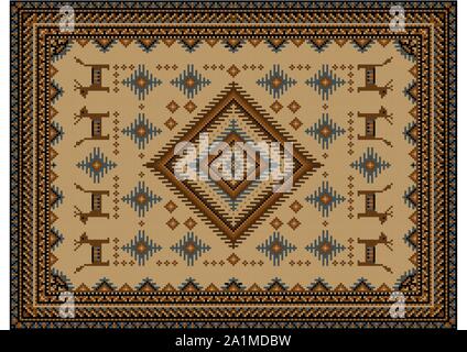 Luxurious vintage  carpet in brown shades with a diamond-shaped in the center with patterns of horses and crosses on a matte yellow Stock Vector