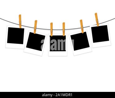Photo frames on rope with clothespins isolated on white background vector Stock Vector
