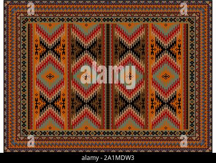 Vintage luxury carpet in patterns zigzag stripes of red,yellow,green shades with orange and brown colors on white background Stock Vector