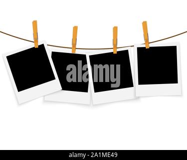 Photo frames on rope with clothespins vector background Stock Vector