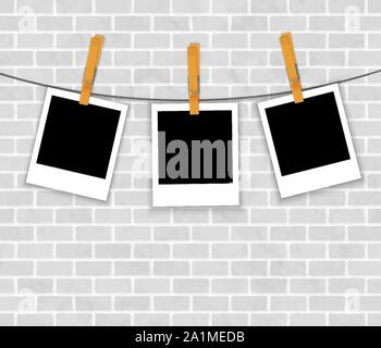 photo frames on rope with clothespins on brick wall vector Stock Vector