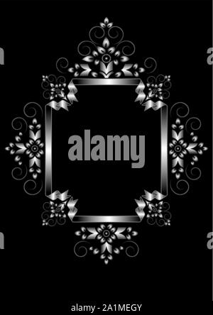 Silver rectangular ribbon frame with curved edges and swirling patterns of strokes with stylized flowers and leaves on black background Stock Vector