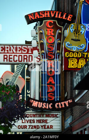 Neon signs fill the entertainment district in Nashville, Tennessee Stock Photo
