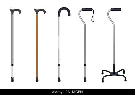 Wooden cane and aluminum telescopic canes with elegant handle, ergonomic  handle and curved handle with loop. Isolated objects on white background  Stock Vector Image & Art - Alamy