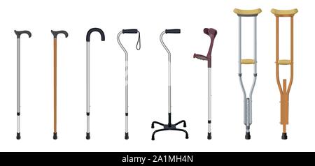 Set of walking sticks and crutches. Telescopic metal canes, wooden cane, cane with additional support, elbow crutch, telescopic crutch, wooden crutch Stock Vector