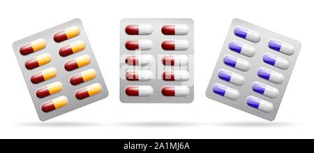Packing of tablets. Capsules of different colors. Vector . Stock Vector