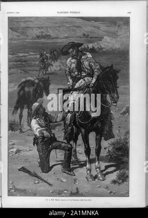 On a hot trail [Scout pointing out tracks to another scout, Gen. Miles, who is en route to Cheyenne reservation with his troops, in background; carbine lying on ground in fg.] Stock Photo