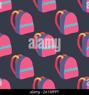 Flat seamless pattern pink backpack for fabric design, big scale, navy blue backdrop. Graphic background. Cartoon flat vector abstract surface design. Stock Vector