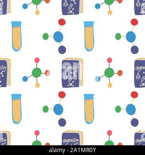 Seamless pattern with chemistry tube, molecule structure and book for wallpaper design. Science, education, medical, pharmacy vector background. Chemistry lab. College education. Stock Vector