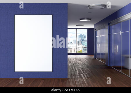 Blank large vertical potser mock up on the blue wall in modern office interior Stock Photo