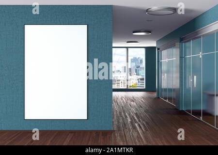 Blank large vertical potser mock up on the cyan wall in modern office interior Stock Photo