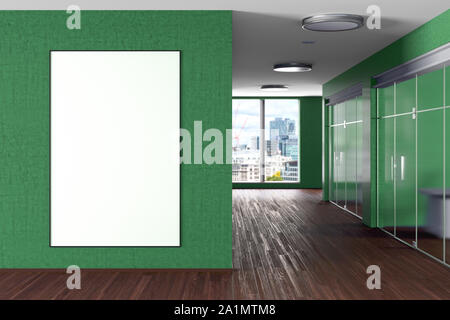 Blank large vertical potser mock up on the wall in green modern office interior Stock Photo