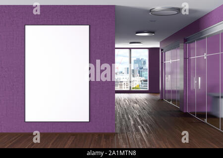 Blank large vertical potser mock up on the magenta wall in modern office interior Stock Photo