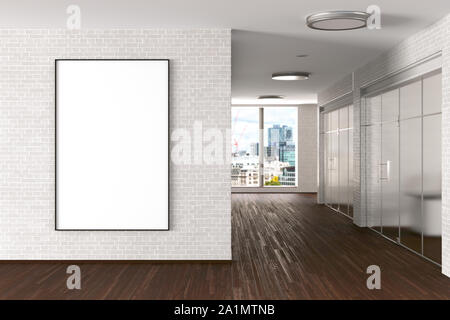 Blank large vertical potser mock up on the white brick wall in modern office interior Stock Photo