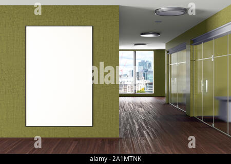 Blank large vertical potser mock up on the wall in yellow modern office interior Stock Photo