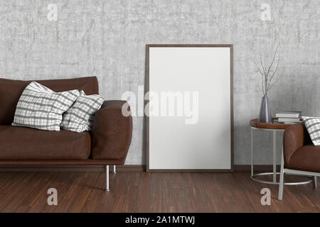 Blank interior poster mock up with wooden frame in concrete interior of living room with wooden couch, coffee table with vase and books, arnchair. 3D Stock Photo