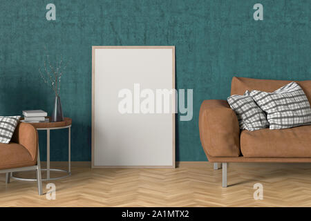 Blank interior poster mock up with wooden frame in cyan interior of living room with wooden couch, coffee table with vase and books, arnchair. 3D illu Stock Photo