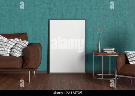 Blank interior poster mock up with wooden frame in cyan interior of living room with wooden couch, coffee table with vase and books, arnchair. 3D illu Stock Photo