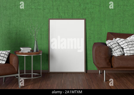 Blank interior poster mock up with wooden frame in green interior of living room with wooden couch, coffee table with vase and books, arnchair. 3D ill Stock Photo