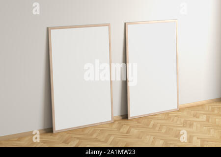 Two blank interior posters mockup with wooden frame in interior of living room. Stock Photo